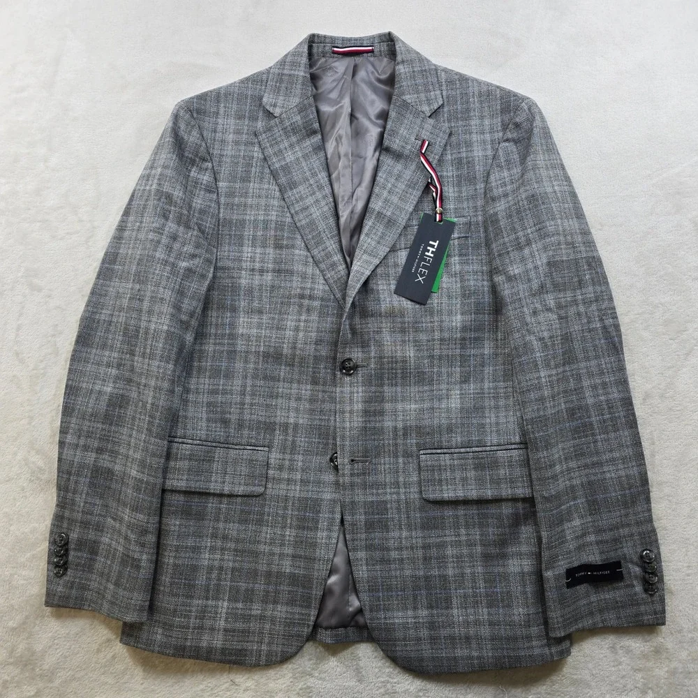 Tommy Hilfiger Modern-Fit Plaid Sport Coat Mens 36S Grey TH Flex Conrad $295 NEW